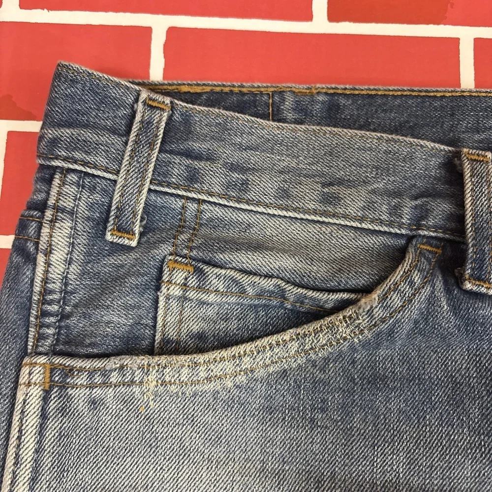 Levi's 606 Orange Tab Jeans Big E 33x32 Denim Straight Distressed Patched Knees
